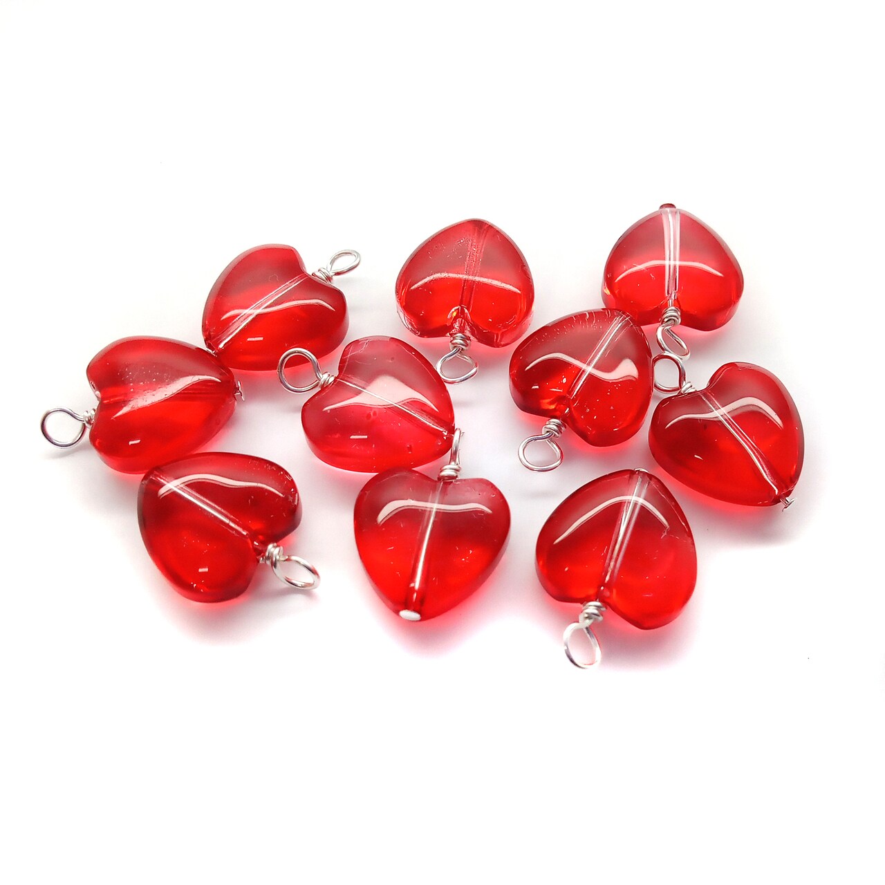 Glass Heart Bead Charms with Silver-Plated Wire, 8 or 10 pcs, Valentine's Day Charms, Adorabilities